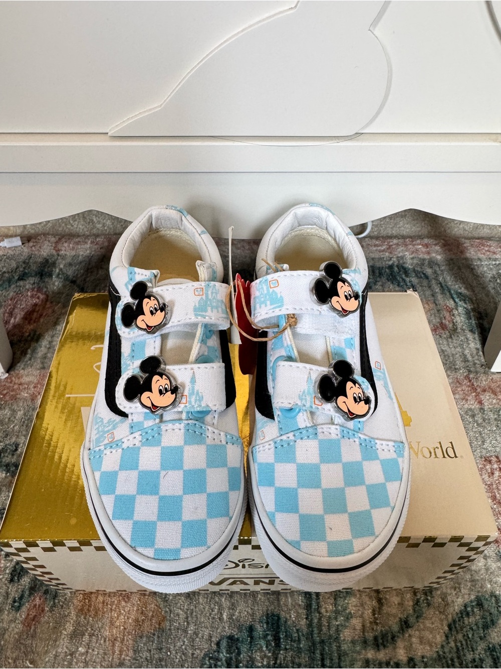 Vans Kids Light Blue & White Mickey Checkerboard Velcro Sneakers